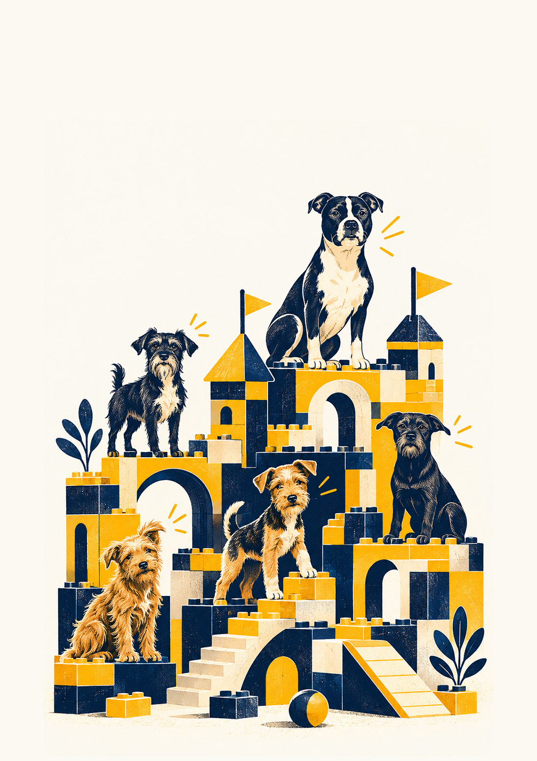 Original ebook illustration: five dogs on different yellow and navy building blocks